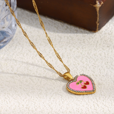 Collier pendentif femme Seewt Daily Heart Cherry en acier inoxydable étanche (1 pièce) 2