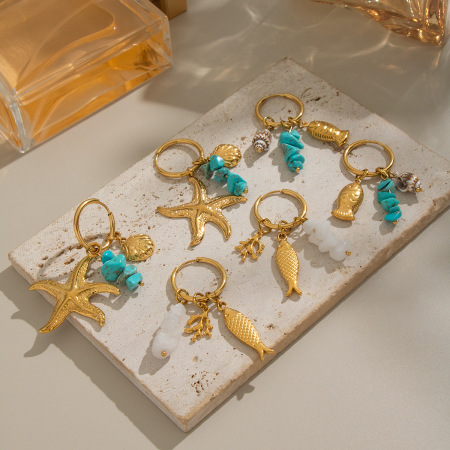 Boucles d'oreilles pendantes pour femme, motif coquillage et étoile de mer, en acier inoxydable étanche et pierre naturelle.