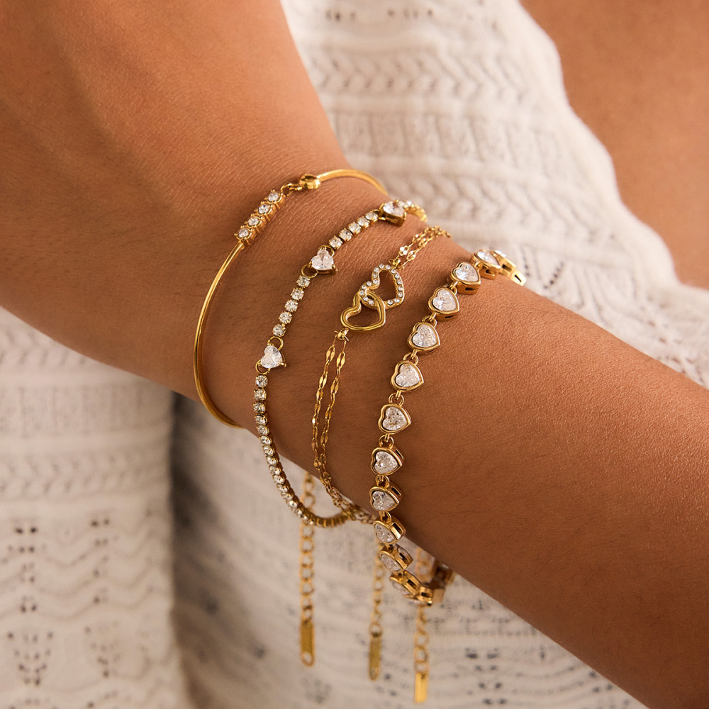 Bracelets Sophistiqués À Double Cœur En Acier Inoxydable, Étanches Et Anti-Ternissement, Couleur Or, Pour Femmes Image3