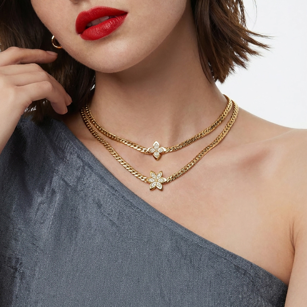 Colliers Pendentifs Pour Femmes En Acier Inoxydable Doré, Imperméables Et Anti-Ternissement, Ornés De Zircon, Motif Fleur Brillante Image4