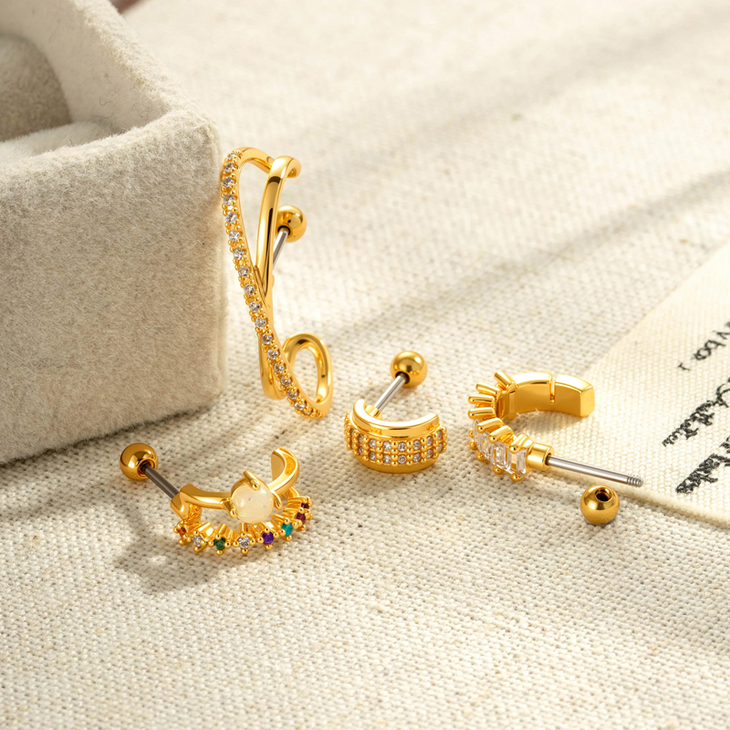 Boucles D'Oreilles Piercing Pour Femme, Délicates, En Forme D'Étoile, Couleur Cuivre Doré, Avec Zircon. h5Image4