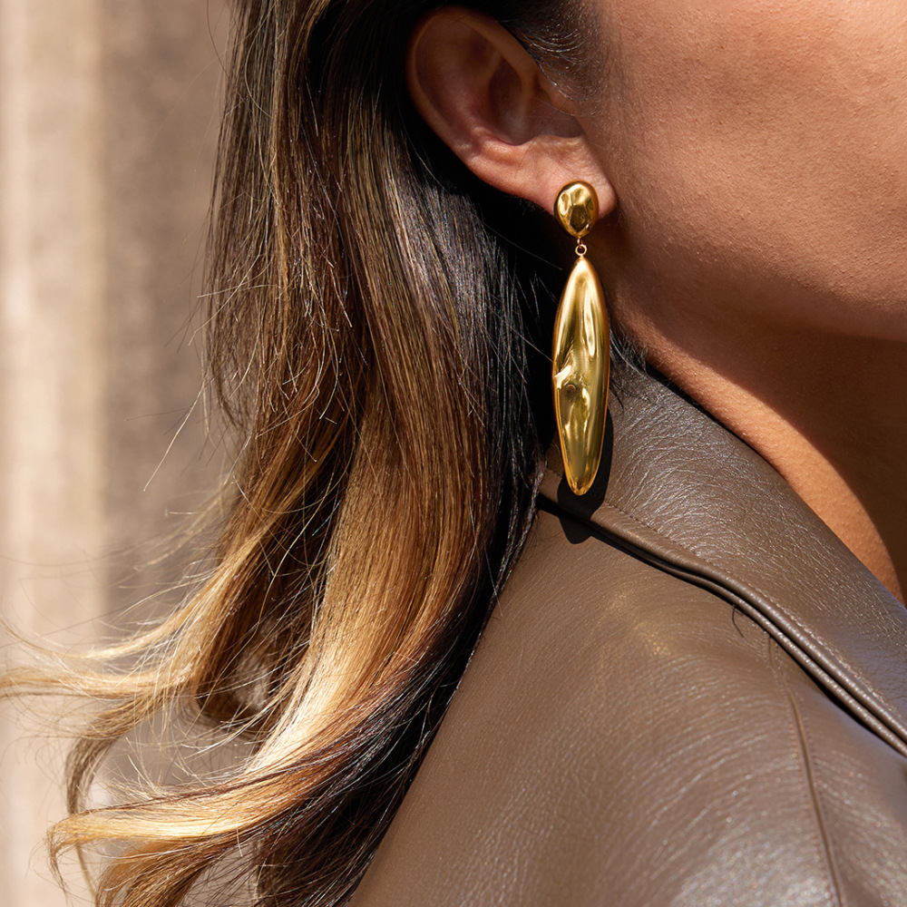 Boucles D'Oreilles Pendantes Ovales En Acier Inoxydable Doré, Étanches, Pour Femme (1 Paire). Image4
