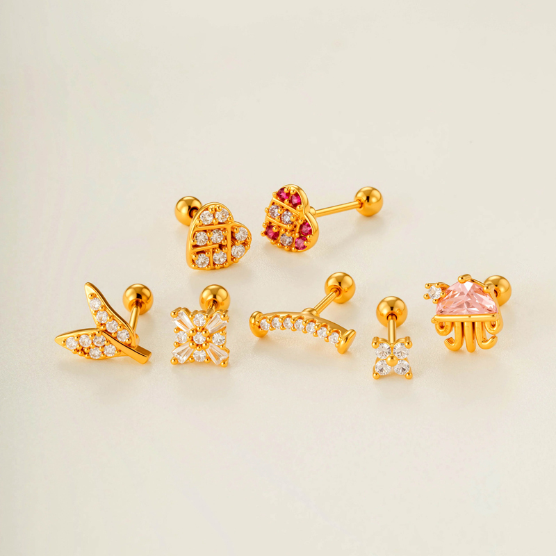 Boucles D'Oreilles Piercing Sophistiquées En Forme De Cœur, Couleur Cuivre Doré, Avec Zircon. h5Image5