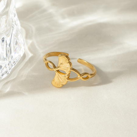 Bague simple en acier inoxydable doré, couleur feuille de ginkgo, étanche. 2