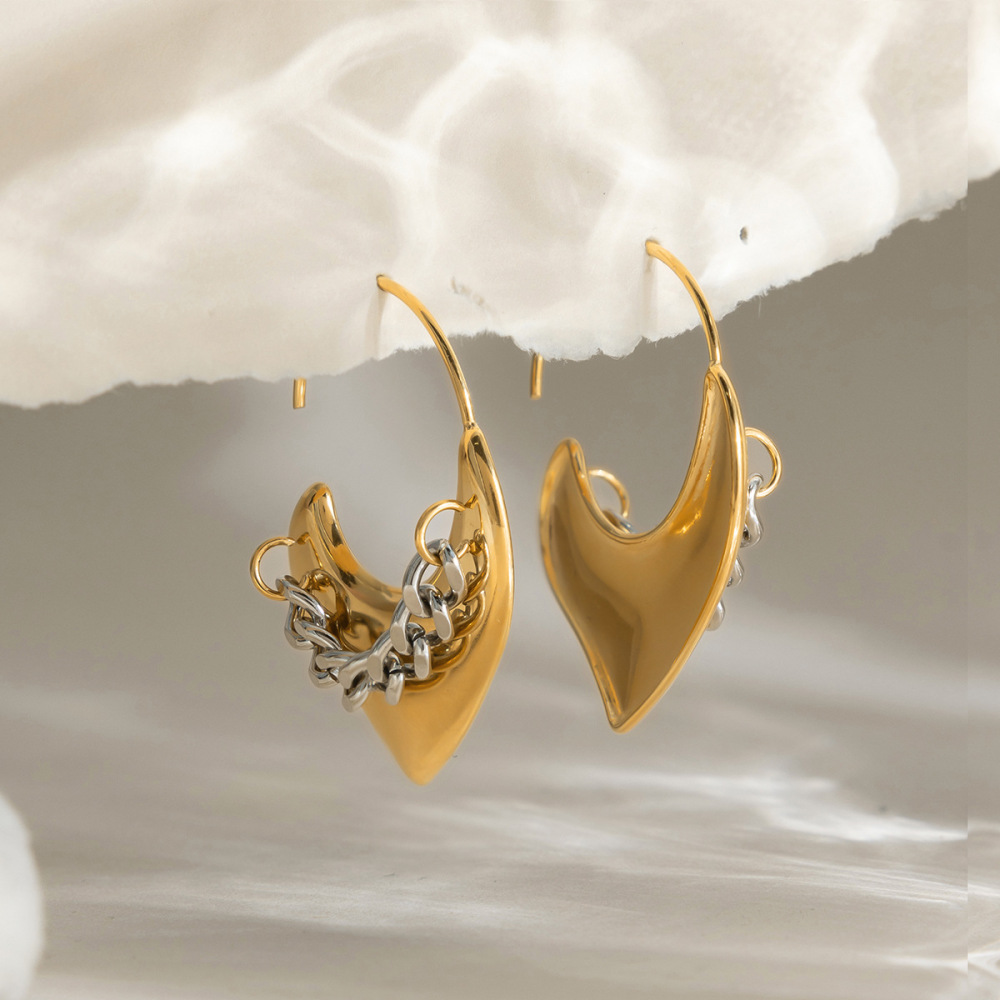 Boucles D'Oreilles Créoles Pour Femme, En Acier Inoxydable, Étanches, Avec Motif Cœur Doré Et Chaîne Argentée (1 Paire). Image6