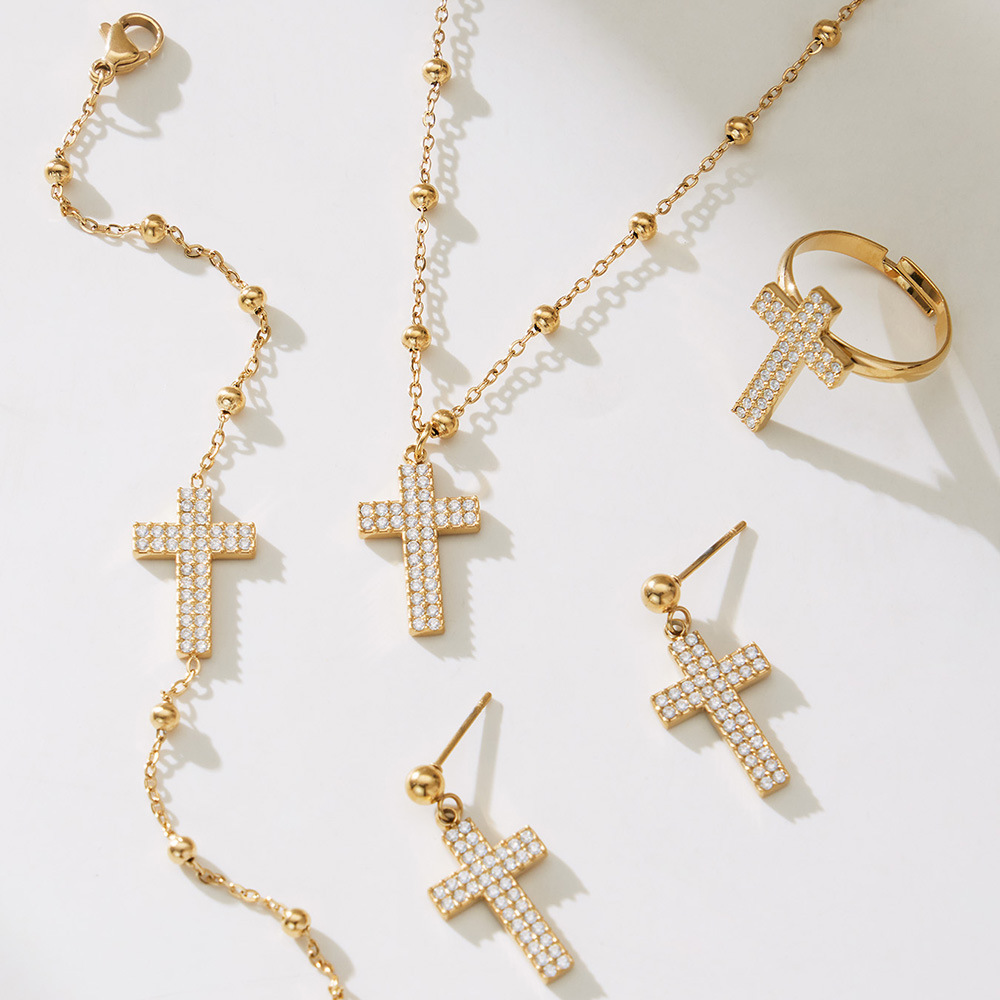 Ensemble De Bijoux Pour Femmes En Acier Inoxydable Avec Chaîne Croix Brillante, Imperméable Et Anti-Ternissement, Couleur Or, Zircon. Image2