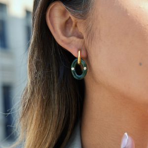 1 Paire De Boucles D'Oreilles Pendantes Ovales Vintage En Résine Et Acier Inoxydable, Couleur Or, Étanches. h5 Image3