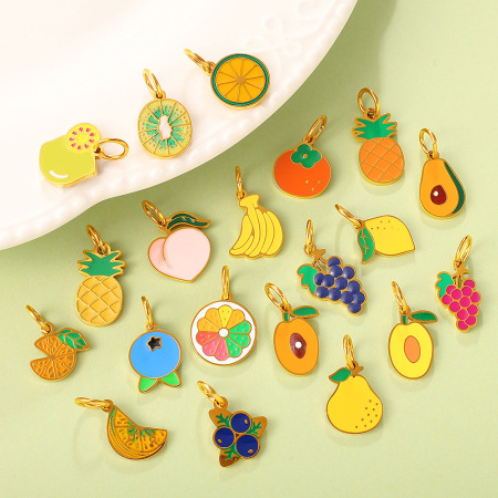 Pendentif DIY en acier inoxydable doré, émaillé, en forme de fruit sucré (1 pièce).