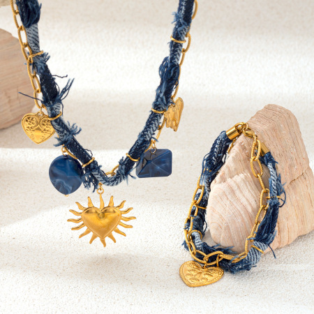 Ensemble de colliers pour femmes, 1 pièce, motif cœur simple, en denim, acier inoxydable, couleur or, étanche