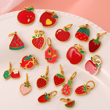 Pendentif DIY en acier inoxydable doré, émaillé, en forme de fruit sucré (1 pièce).