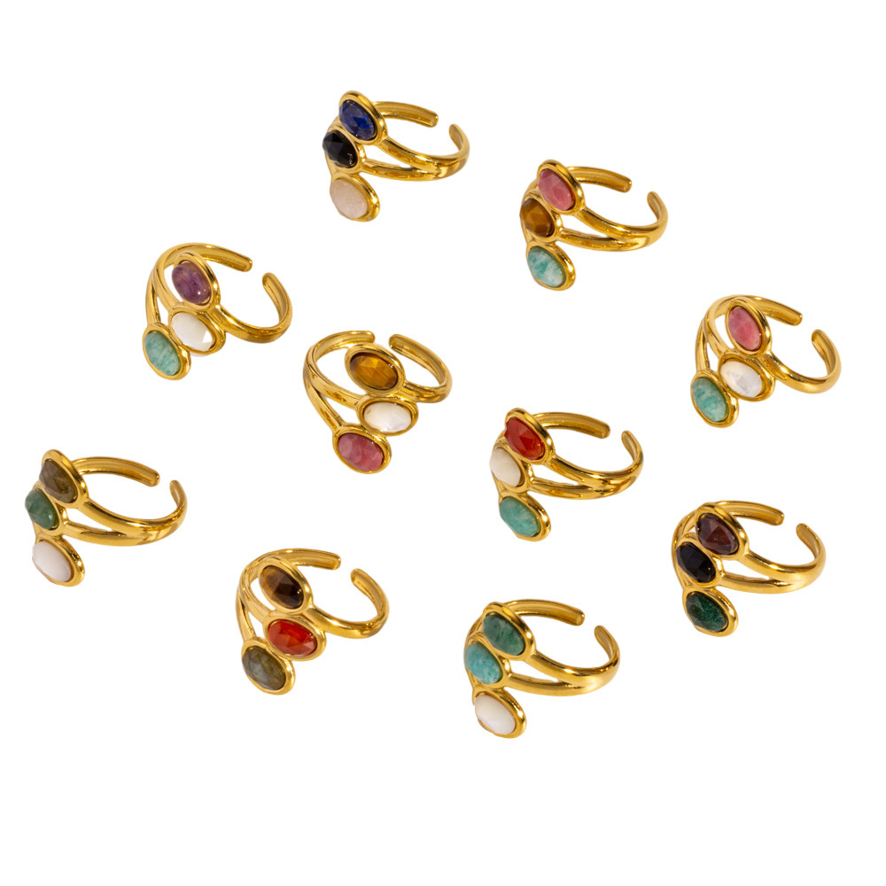 Bagues Élégantes Pour Femmes, Serties De Trois Pierres Ovales Naturelles, En Acier Inoxydable, Imperméables Et Anti-Ternissement, Couleur Or. Image4