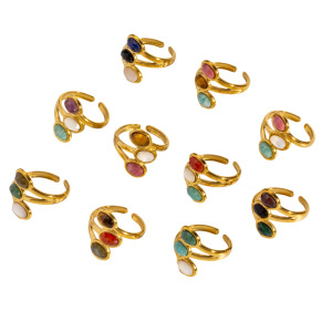 Bagues Élégantes Pour Femmes, Serties De Trois Pierres Ovales Naturelles, En Acier Inoxydable, Imperméables Et Anti-Ternissement, Couleur Or. h5 Image4