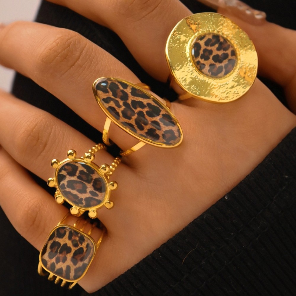 Bague Tendance En Acier Inoxydable Doré, Imprimé Léopard, Étanche (1 Pièce) Image4