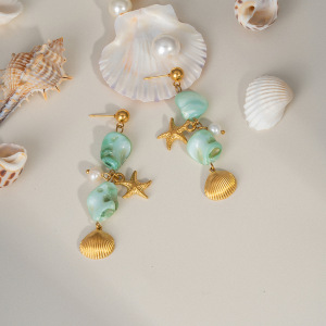 Boucles D'Oreilles Pour Femme En Acier Inoxydable Imperméable, Ornées De Perles, Motif Coquillage Et Étoile De Mer h5 Image4