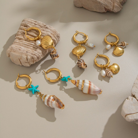 Boucles d'oreilles pendantes pour femme, coquillage, étoile de mer, acier inoxydable, imperméables, perles 2