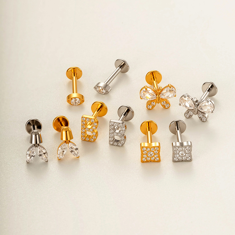 Boucles D'Oreilles Piercing Femme En Alliage De Titane Doré Avec Zircon, En Forme De Lettre Image4