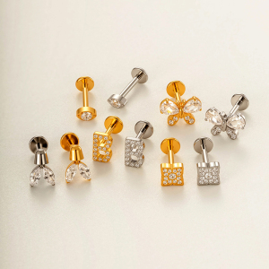 Boucles D'Oreilles Piercing Femme En Alliage De Titane Doré Avec Zircon, En Forme De Lettre h5 Image4