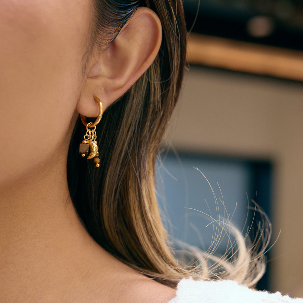 1 Paire De Boucles D'Oreilles Pendantes Classiques Étoile Et Lune En Acier Inoxydable Étanche Couleur Or Avec Pierre Naturelle Pour Femme Image5