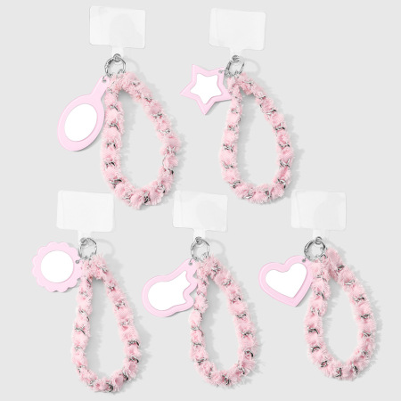 Chaîne de téléphone pour femme avec pendentif en forme de cœur, d'étoile et de fleur rose, en acrylique et miroir.