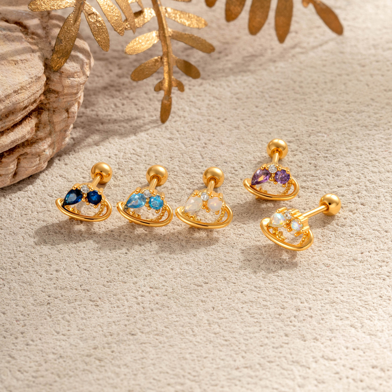 Boucles D'Oreilles Piercing Femme Irrégulières En Zircon Couleur Cuivre Doré, Imperméables Et Anti-Ternissement h5Image4