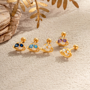 Boucles D'Oreilles Piercing Femme Irrégulières En Zircon Couleur Cuivre Doré, Imperméables Et Anti-Ternissement h5 Image4