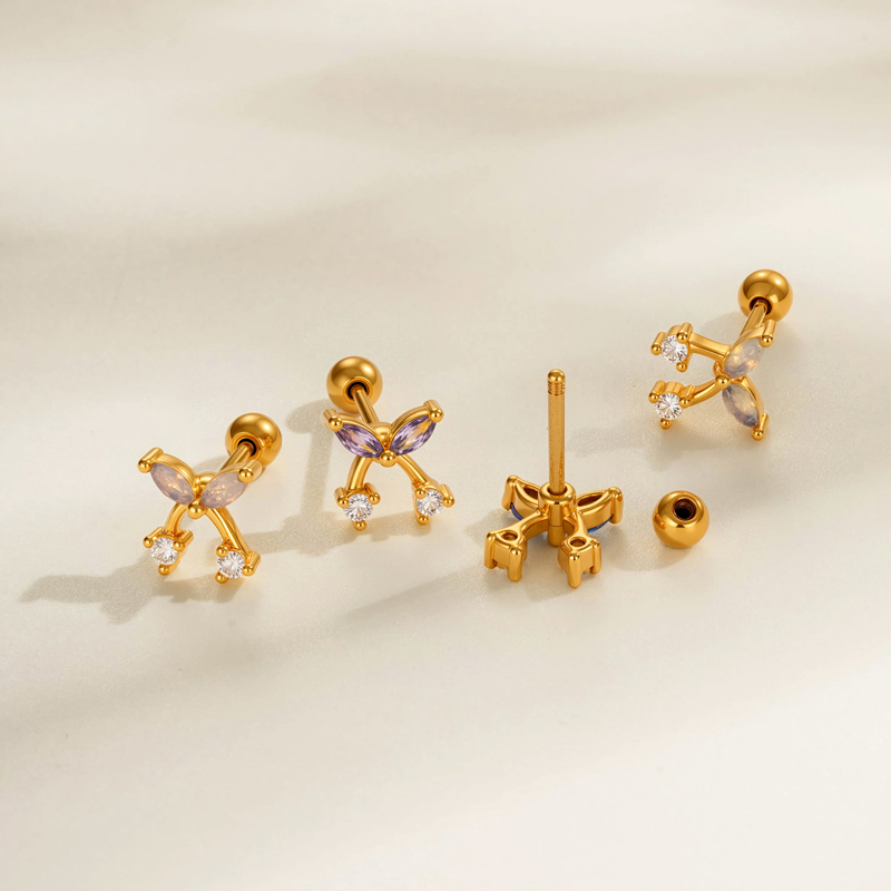 Boucles D'Oreilles Piercing Pour Femme, Motif Nœud Papillon, Couleur Cuivre Doré, Zircon, Étanches Et Anti-Ternissement Image3