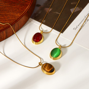 Collier Pendentif Femme Luxueux En Acier Inoxydable Doré, Pierre Naturelle, Forme Ronde, Étanche (1 Pièce) h5 Image5