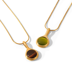 Colliers Pendentifs Pour Femmes, En Acier Inoxydable, Imperméables Et Anti-Ternissement, Avec Pierre Naturelle Et Motif Cercle Simple h5 Image6