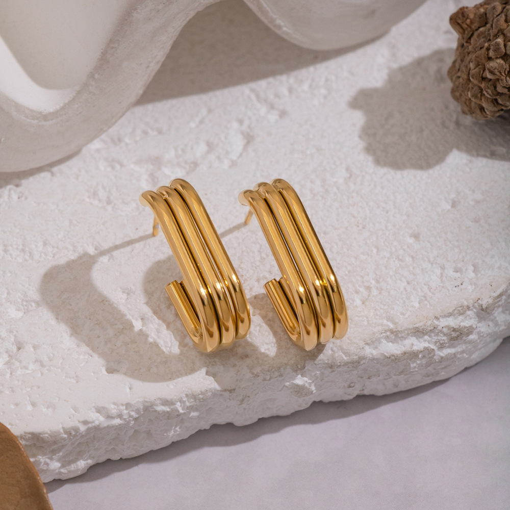 1 Paire De Boucles D'Oreilles Créoles En Acier Inoxydable Doré, Étanches, En Forme De C Image3