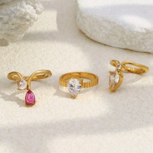 Bague Pour Femme En Acier Inoxydable Doré, Résistante À L'Eau Et À La Décoloration, Ornée De Pierres Précieuses (1 Pièce). Collection « Lignes Du Quotidien ». h5 Image2