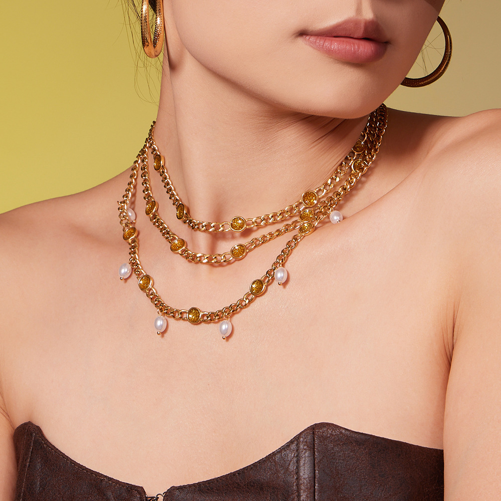 Collier Pendentif Femme En Acier Inoxydable Doré, 1 Pièce, Avec Chaîne De Perles Délicates Et Étanche h5Image4
