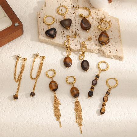 Boucles d'oreilles chics pour femmes, en acier inoxydable, couleur or, avec pompon en pierre naturelle et perles, étanches. 2