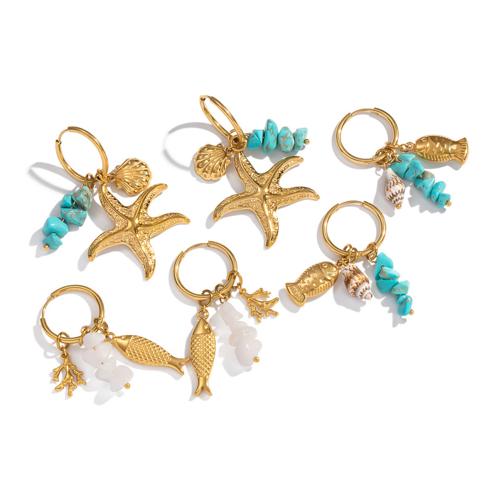 Boucles D'Oreilles Pendantes Pour Femme, Motif Coquillage Et Étoile De Mer, En Acier Inoxydable Étanche Et Pierre Naturelle. Image5