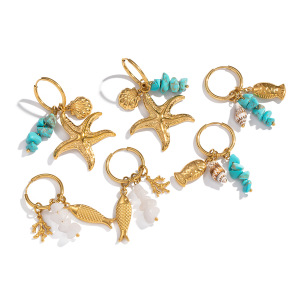 Boucles D'Oreilles Pendantes Pour Femme, Motif Coquillage Et Étoile De Mer, En Acier Inoxydable Étanche Et Pierre Naturelle. h5 Image5