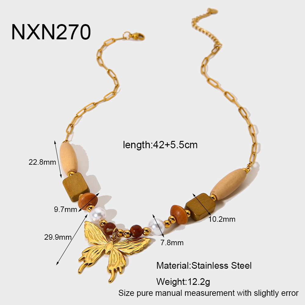 Colliers Pendentifs Pour Femmes En Perles De Bois Papillon, Acier Inoxydable, Étanches Et Anti-Ternissement, Couleur Or 