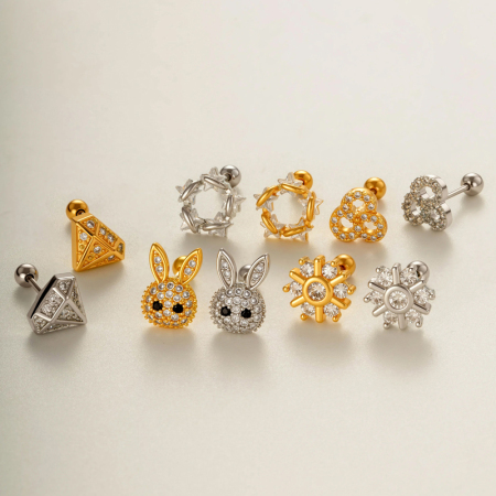 Boucles d'oreilles piercing femme en zircon couleur cuivre doré, motif animal féerique
