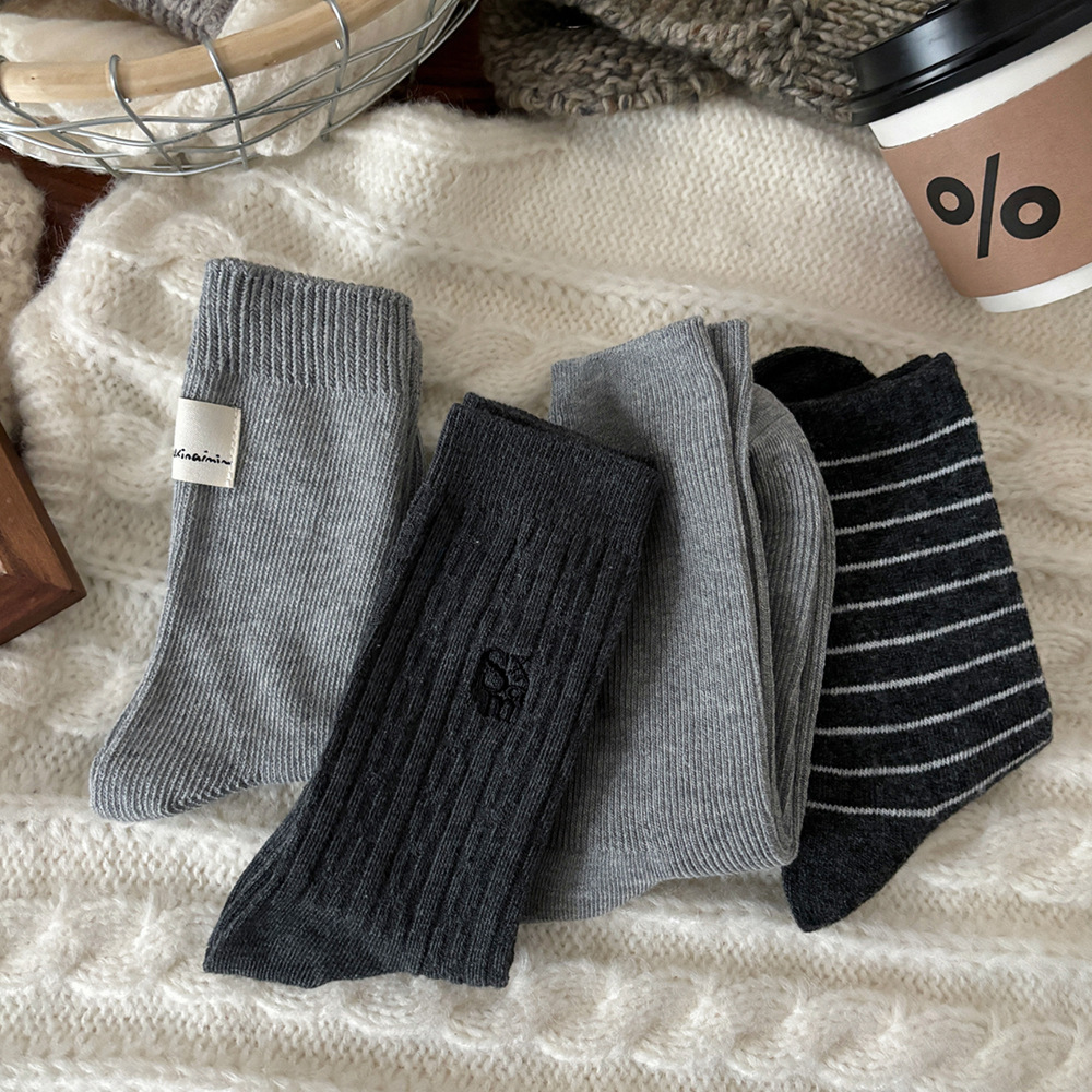 1 Paire De Chaussettes Mi-Mollet Décontractées Et Polyvalentes En Pur Coton Gris - Image4