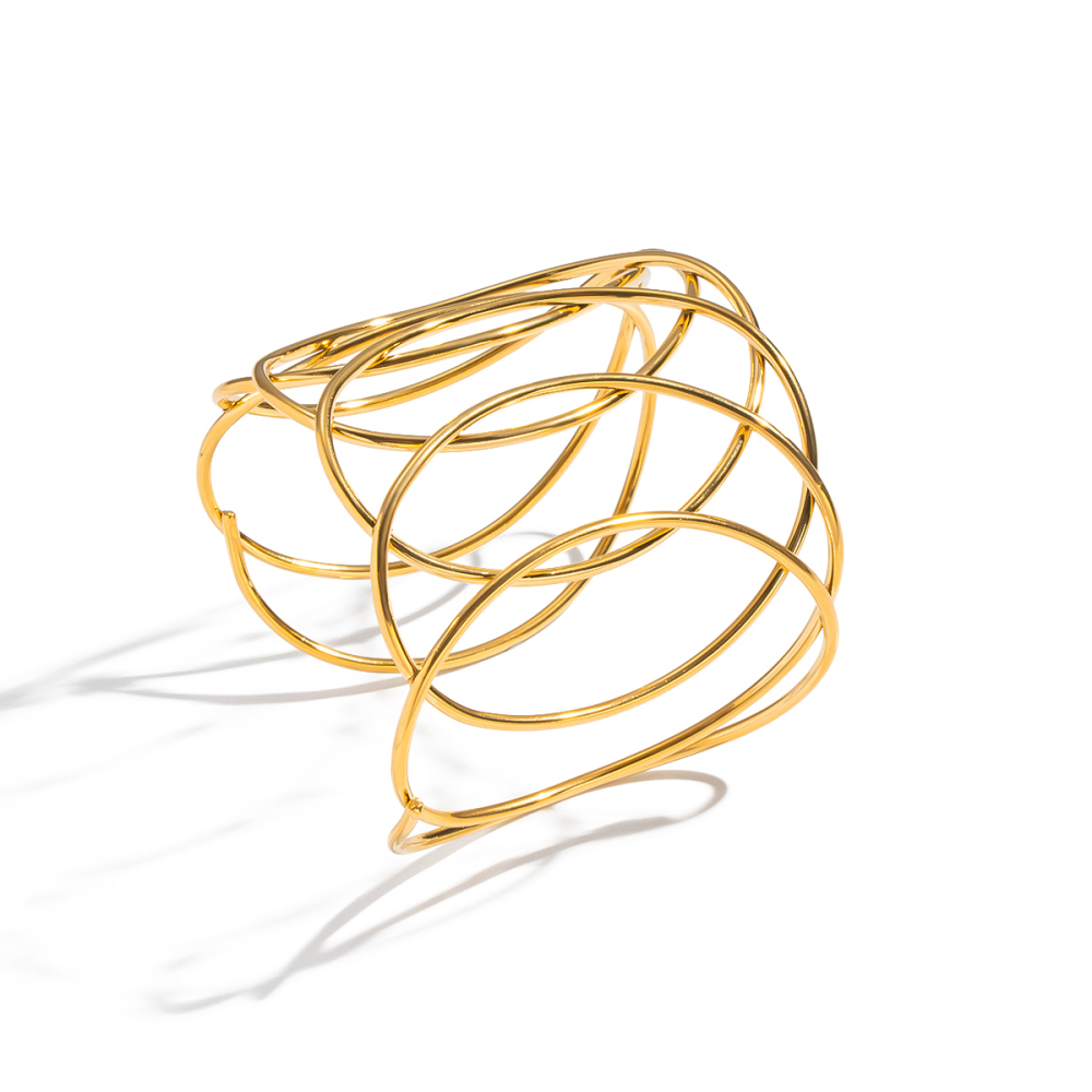 Bracelet Manchette Rond En Acier Inoxydable Tissé, Étanche, Couleur Or (1 Pièce) Image5