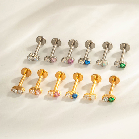 Boucles d'oreilles piercing doubles rondes en alliage de titane couleur or avec zircon pour femmes 2
