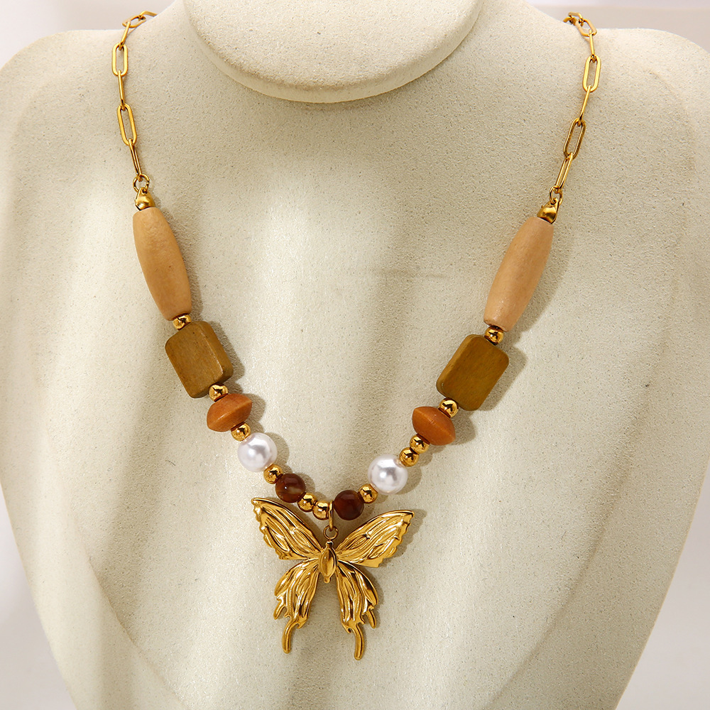 Colliers Pendentifs Pour Femmes En Perles De Bois Papillon, Acier Inoxydable, Étanches Et Anti-Ternissement, Couleur Or Image5