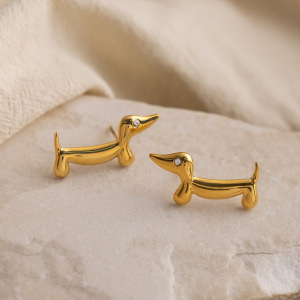 Boucles D'Oreilles Puces Fantaisie En Acier Inoxydable, Couleur Or, Motif Teckel. h5 Image5