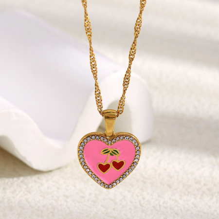Collier pendentif femme Seewt Daily Heart Cherry en acier inoxydable étanche (1 pièce)