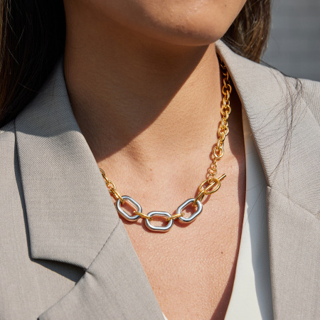 Collier chaîne étanche pour femme, en acier inoxydable, coloris or et argent mélangés (1 pièce), style Squircle