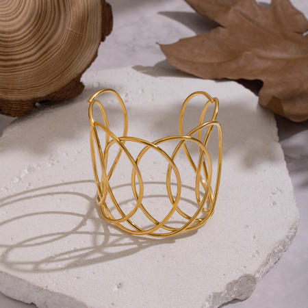 Bracelet manchette rond en acier inoxydable tissé, étanche, couleur or (1 pièce)