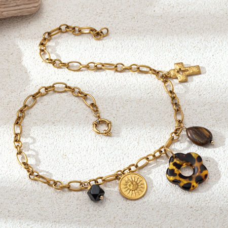 Collier pendentif femme en acier inoxydable doré, imprimé léopard et fleur (1 pièce) 2