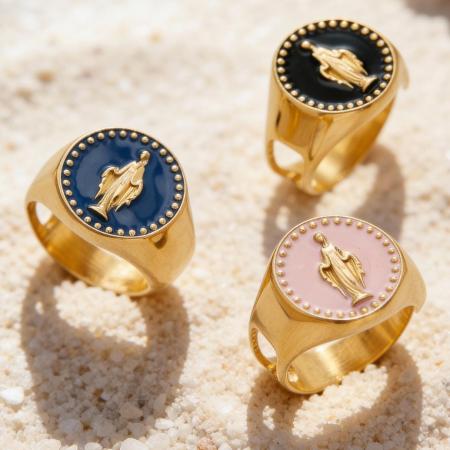 Bague chevalière élégante Madonna en acier inoxydable doré, étanche et anti-ternissement