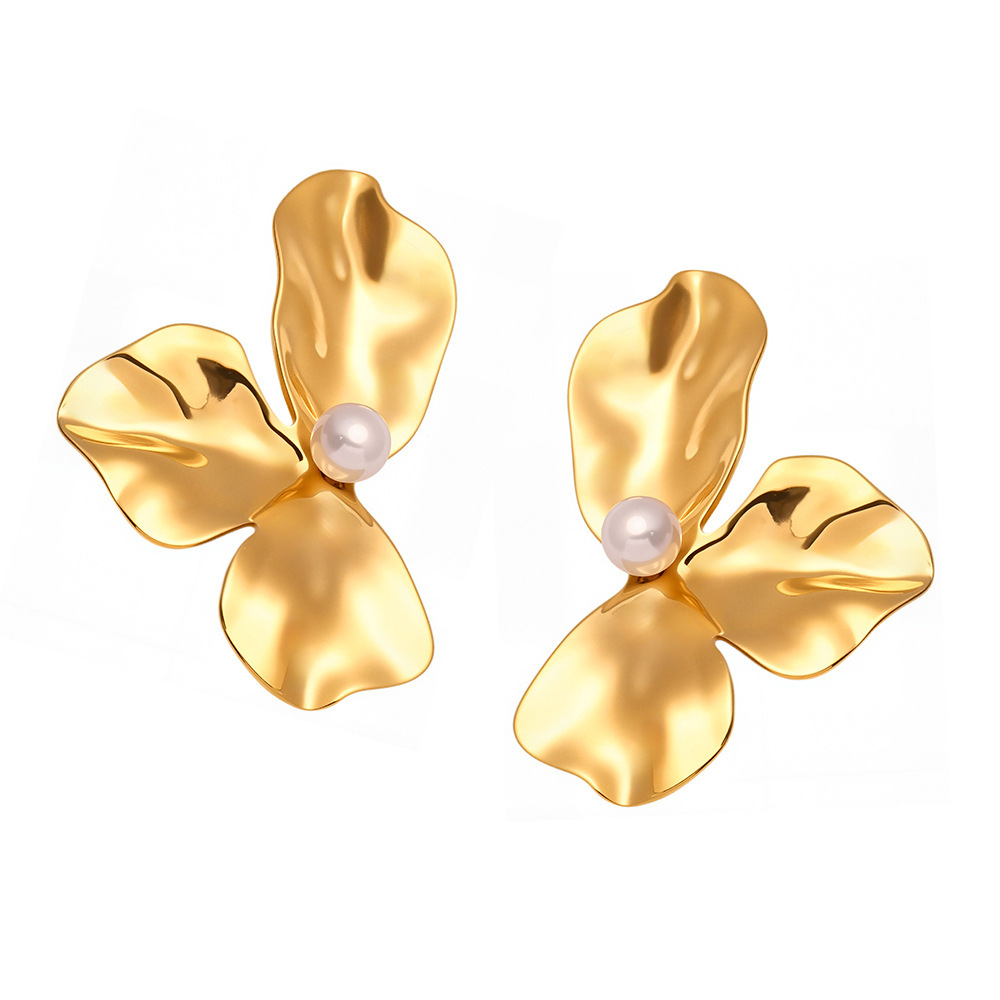 1 Paire De Magnifiques Boucles D'Oreilles À Clous Pour Femmes, En Acier Inoxydable Imperméable, Couleur Or, Ornées De Fleurs. Image5