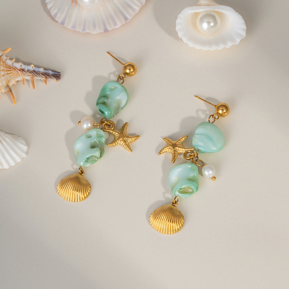 Boucles D'Oreilles Pour Femme En Acier Inoxydable Imperméable, Ornées De Perles, Motif Coquillage Et Étoile De Mer Image3