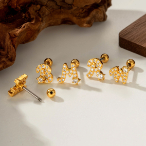 Boucles D'Oreilles Piercing Femme Style Classique, En Cuivre Doré Et Zircon, Avec Lettres. h5 Image4