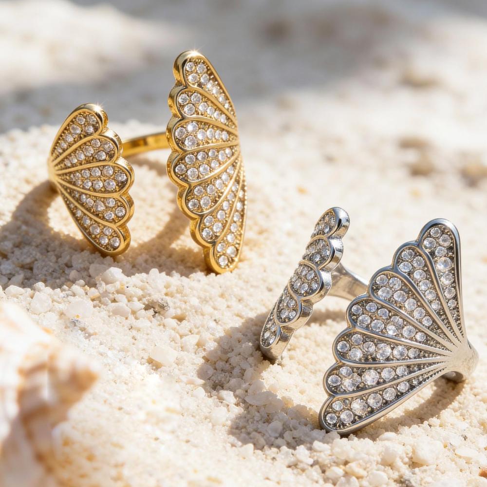 Bagues Pour Femmes En Acier Inoxydable Orné De Coquillages, Étanches Et Anti-Ternissement, Couleur Or, Serties De Zircon. Image3